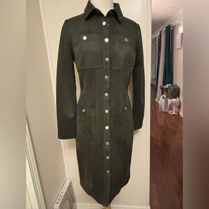 White House Black Market Dark Green Dress, Button Down, Long Sleeve
